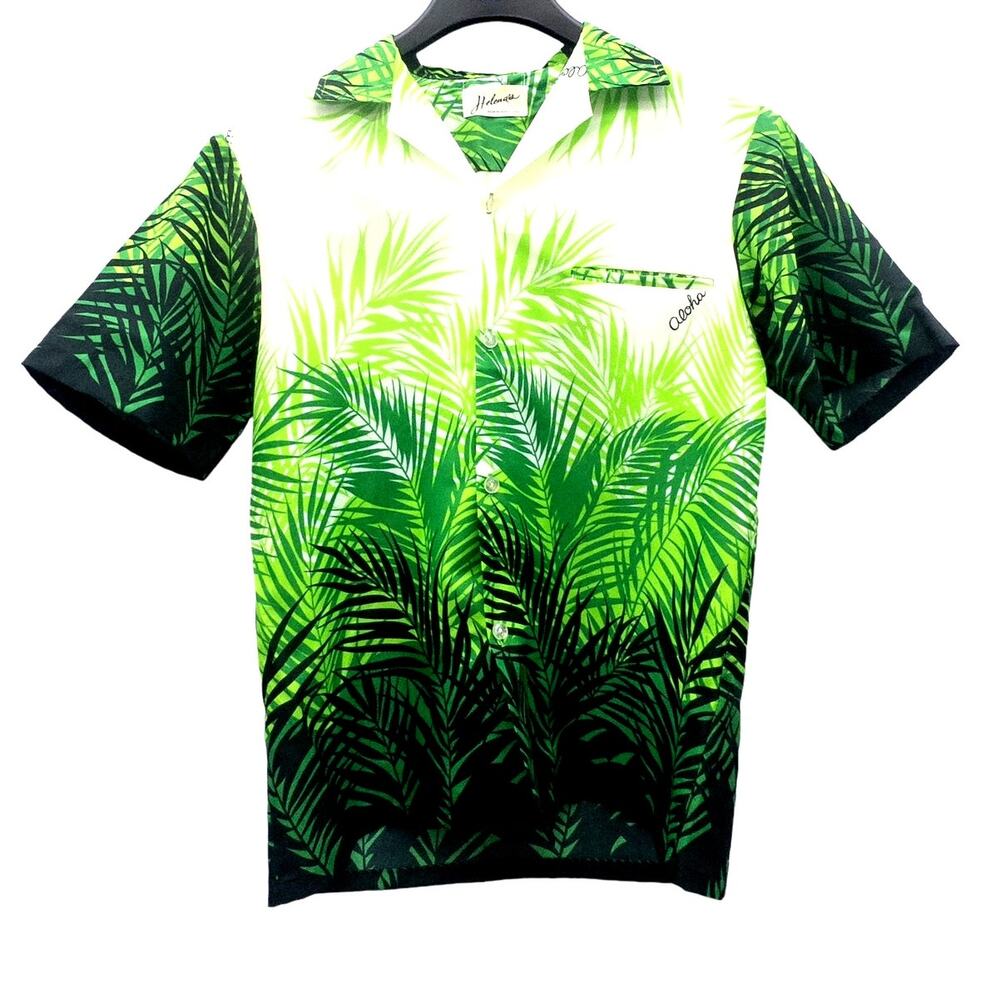 Vintage 60's 70's Hawaiian Aloha Shirt Helena's Green Palm Trees Chest Pocket